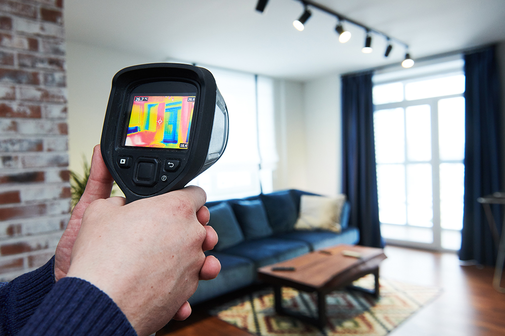 Thermal imaging camera being used in the living room of a house during home inspection services